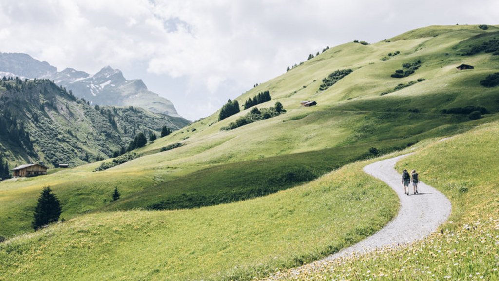 Sommer am Arlberg | Alpine Natur, Bewegung & Erholung im Hotel Post Lech Zwei Wanderer auf einem Pfad in grünen Alpenhügeln bei bewölktem Himmel