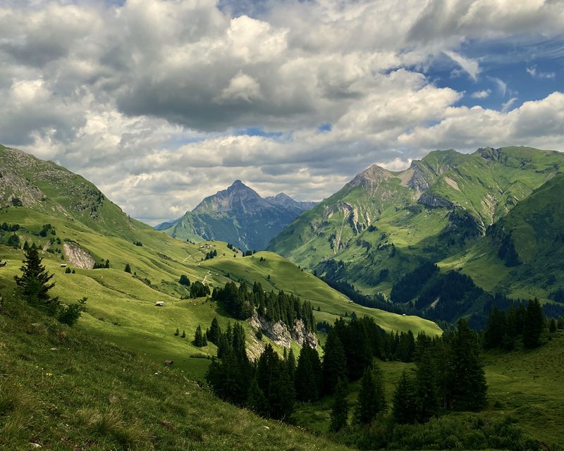 Neues aus der Post Grüne Alpenlandschaft mit bewaldeten Hügeln und bewölktem Himmel
